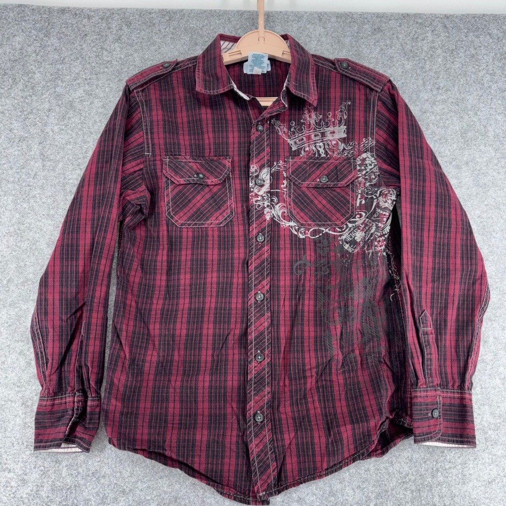 Uproar Kids Boys Red Black Plaid Graphic Crown Button Down Shirt Size L 14-16